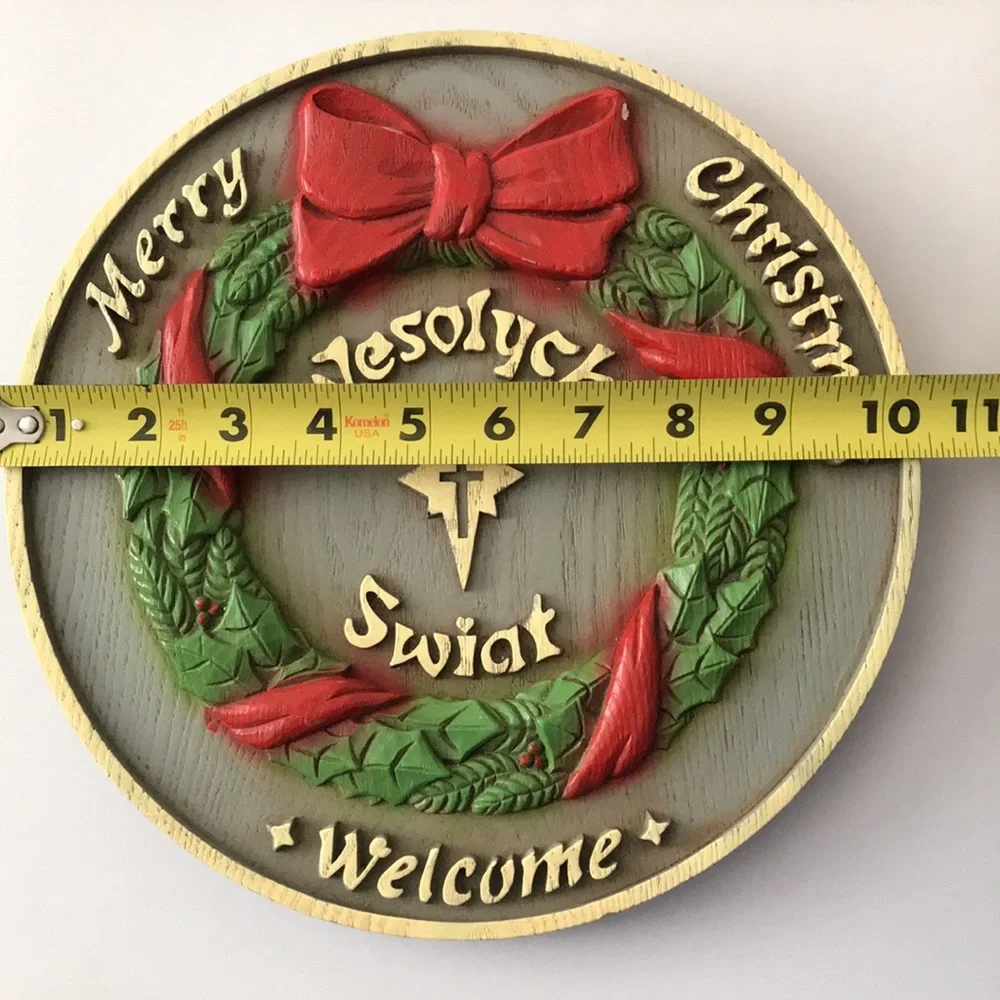 Holiday Welcome Wreath Plaque - Red and Green Christmas Wall Decor